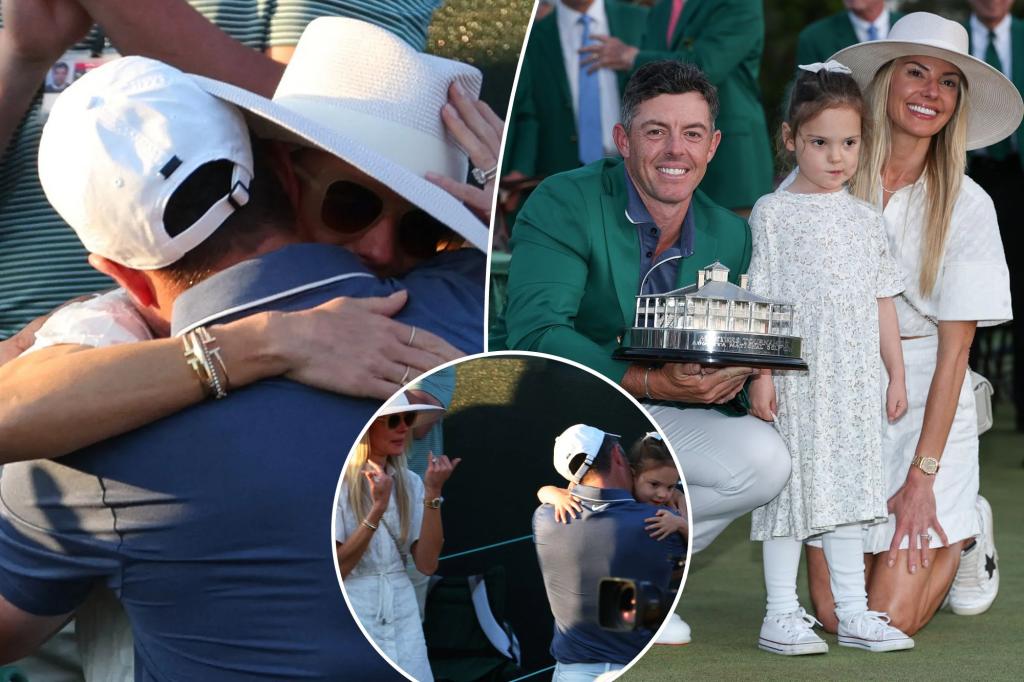 Rory McIlroy embraces wife Erica Stoll, daughter Poppy after 2025 Masters win