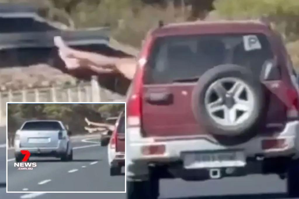 Insane moment passenger sticks legs out car window on highway